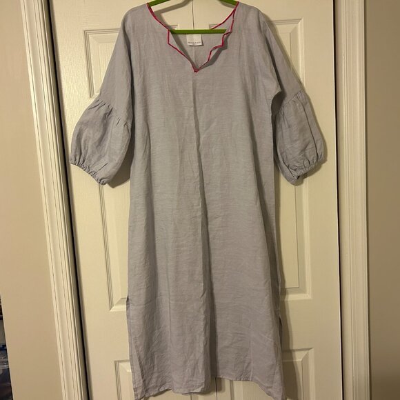 NINA LEUCA Sz XL Gray with Pink Trim 100% Linen 3/4 Sleeves Maxi Dress ITALY - Picture 1 of 8